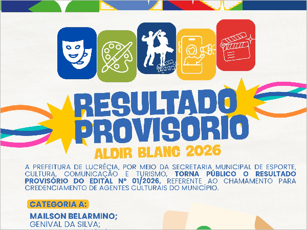 PREFEITURA DE LUCRÉCIA DIVULGA RESULTADO PROVISÓRIO DO EDITAL ALDIR BLANC 2026